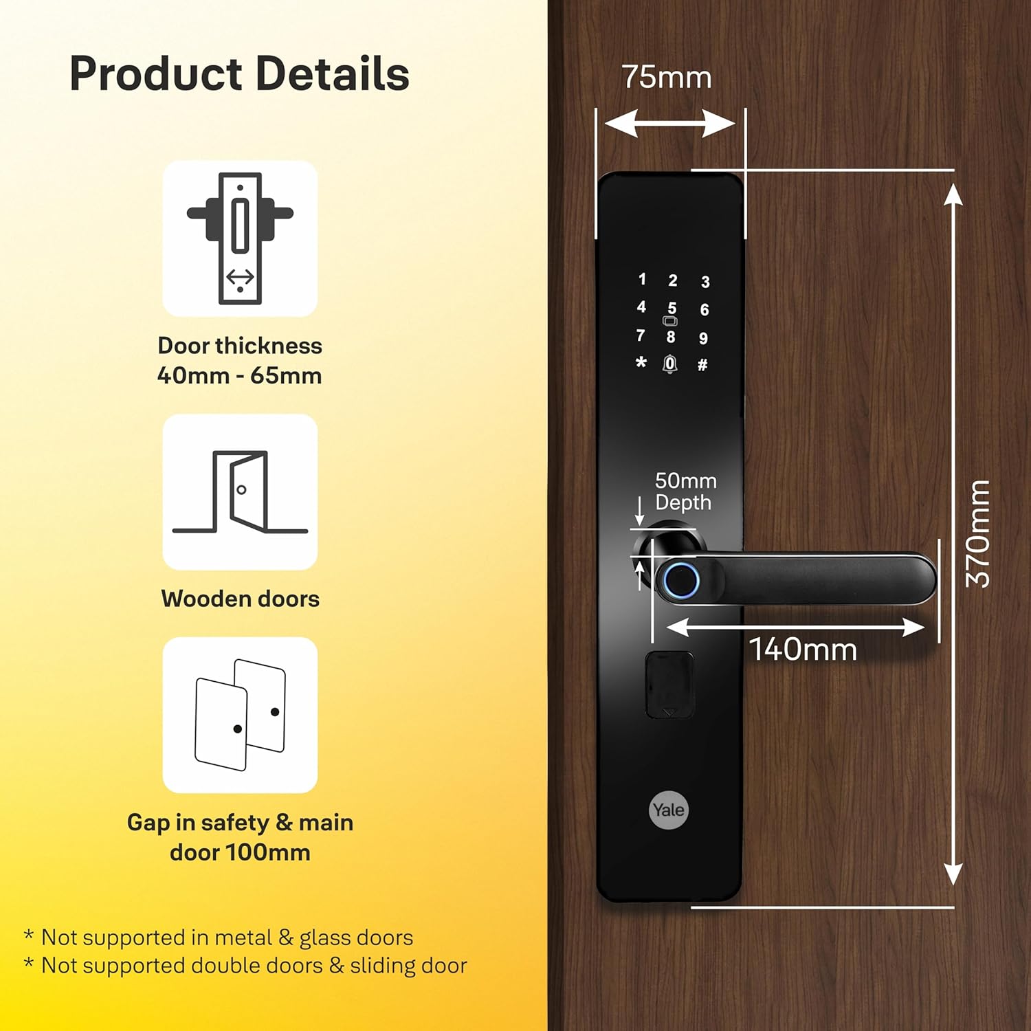 Yale YDME 100 NxT, Smart Door Lock with Biometric, Pincode, RFID Card & Mechanical Keys, Color- Black, for Home & Office